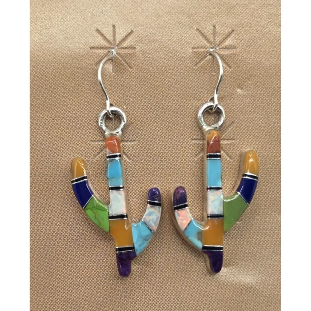 Multi-Gemstone Cacti Earrings Sterling Silver Inlays 0.94" Handmade Signed NEW - Picture 2 of 13